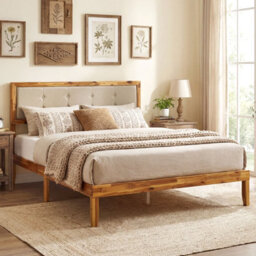 Gainoom 150 X 200 Cm Solid Acacia Wood Bed Frame Upholstered Platform Bed With Wooden Slat Support & Ample Under-Bed Space - thumbnail 9
