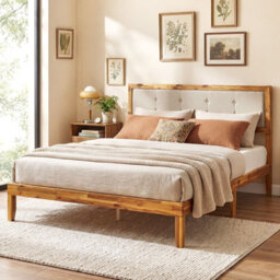 Gainoom 150 X 200 Cm Solid Acacia Wood Bed Frame Upholstered Platform Bed With Wooden Slat Support & Ample Under-Bed Space - thumbnail 3