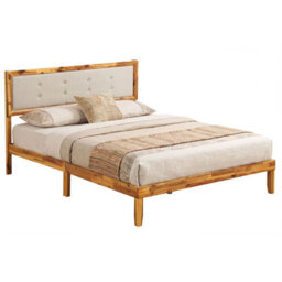 Gainoom 150 X 200 Cm Solid Acacia Wood Bed Frame Upholstered Platform Bed With Wooden Slat Support & Ample Under-Bed Space