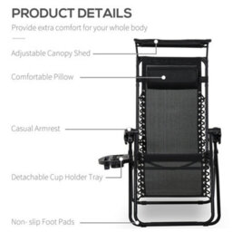 Outsunny Zero Gravity Chair Adjustable Patio Lounge W/ Cup Holder Black - thumbnail 4