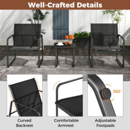 Costway 3 Pcs Patio Conversation Set Outdoor Metal Chair & Table Set W/ Glass Tabletop - thumbnail 9