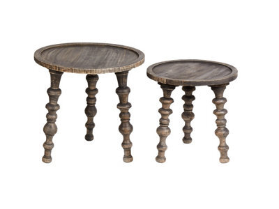 Wyld And Coco Mango Wood Co Set Of 2 Round Side Tables, Dark Matt Finish, Traditional Carved Legs, 46 X 46 X 44 Cm - image 1