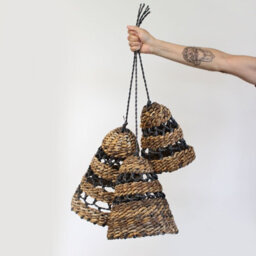 Serenityy Natural Banana Leaf And Hitam Raffia Lamp Shades - Set Of 3, Candle Shape, Natural And Black - thumbnail 3