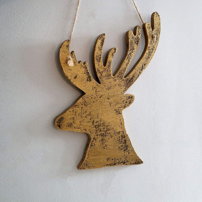 Shatchi 26Cm Golden Christmas Wooden Hanging Deer Wall Decoration Xmas Home Office Holiday Decorative Centrepiece - image 1