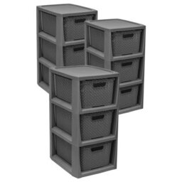 Pluto Packaging 1 X 3 Drawer Grey Stylish Rattan Effect Commode Baskets Home Office Storage Unit - thumbnail 3