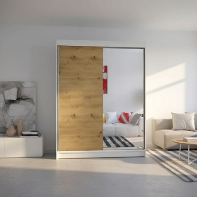 Camino 1 Wardrobe With Sliding Doors And Mirror Modern Bedroom Storage Cabinet Hanging Rail And Shelves White Artisan Oak - image 1