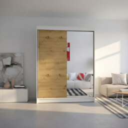 Camino 1 Wardrobe With Sliding Doors And Mirror Modern Bedroom Storage Cabinet Hanging Rail And Shelves White Artisan Oak