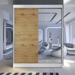 Camino 1 Wardrobe With Sliding Doors And Mirror Modern Bedroom Storage Cabinet Hanging Rail And Shelves White Artisan Oak - thumbnail 2