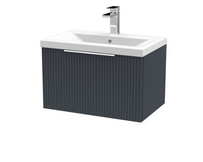Hudson Reed Fluted Wall Hung 1-Drawer Vanity And Mid-Edge Basin, Contemporary Sink Vanity Unit, Soft Black, 600mm - image 1