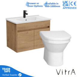 Vitra 800mm Wall Hung Bathroom Vanity Unit With 2 Doors Includes Basin, Black Tap And Back To Wall Toilet - Golden Oak