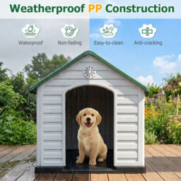 Costway Large Plastic Dog House Indoor Outdoor Doggy Kennel With Air Vents-Green - thumbnail 3