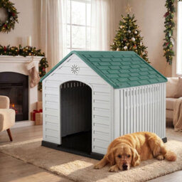 Costway Large Plastic Dog House Indoor Outdoor Doggy Kennel With Air Vents-Green - thumbnail 8