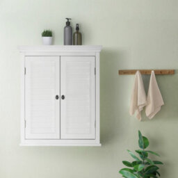 Teamson Home Bathroom Wall Cabinet, Wooden Cabinet With 2 Doors, Shutter Doors, Bathroom Storage, White