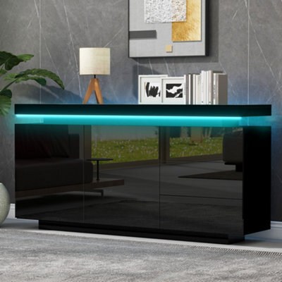 Btm High Gloss Sideboard With Led Lights, 2 Doors And 3 Drawers, Modern Storage Cabinet For Living Room, Black - image 1