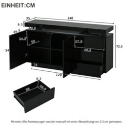 Btm High Gloss Sideboard With Led Lights, 2 Doors And 3 Drawers, Modern Storage Cabinet For Living Room, Black - thumbnail 9
