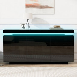 Btm High Gloss Sideboard With Led Lights, 2 Doors And 3 Drawers, Modern Storage Cabinet For Living Room, Black - thumbnail 3