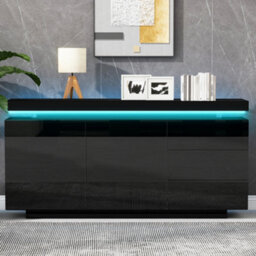 Btm High Gloss Sideboard With Led Lights, 2 Doors And 3 Drawers, Modern Storage Cabinet For Living Room, Black - thumbnail 2