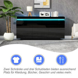Btm High Gloss Sideboard With Led Lights, 2 Doors And 3 Drawers, Modern Storage Cabinet For Living Room, Black - thumbnail 4