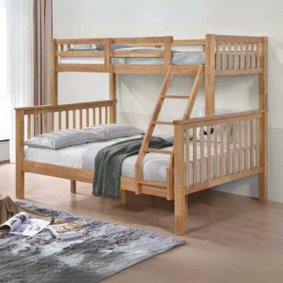 Reinforced Beds, Kelling Triple Bunk Bed, Single Over Double, Natural Oak Finish, Rubbrwood, Solid Wooden Slats, Shaker Design - image 1