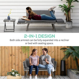 Outsunny 2 In 1Rattan Folding Chaise Lounger W/ Cushion For Garden Mixed Grey - thumbnail 4