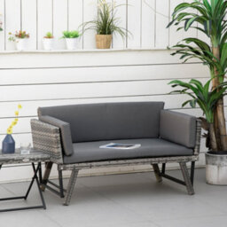 Outsunny 2 In 1Rattan Folding Chaise Lounger W/ Cushion For Garden Mixed Grey - thumbnail 1