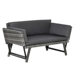 Outsunny 2 In 1Rattan Folding Chaise Lounger W/ Cushion For Garden Mixed Grey - thumbnail 2
