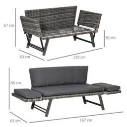Outsunny 2 In 1Rattan Folding Chaise Lounger W/ Cushion For Garden Mixed Grey - thumbnail 3