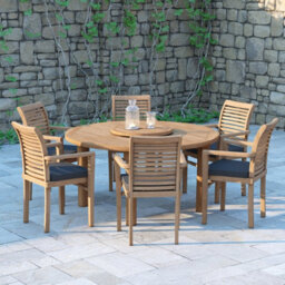 Eterna Venlo Teak Garden Outdoor Dining Table & 6 Seat Chair Set - With Green Cushions