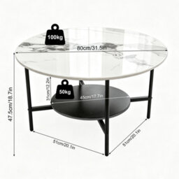 Fativo 80X47.5Cm Round Sintered Stone Coffee Table, 2-Tier Modern Centre Table With Black Metal Frame For Living Room - thumbnail 2