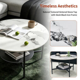 Fativo 80X47.5Cm Round Sintered Stone Coffee Table, 2-Tier Modern Centre Table With Black Metal Frame For Living Room - thumbnail 5