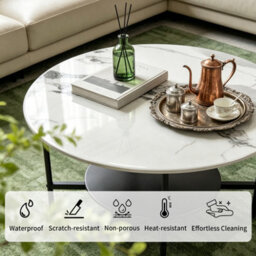 Fativo 80X47.5Cm Round Sintered Stone Coffee Table, 2-Tier Modern Centre Table With Black Metal Frame For Living Room - thumbnail 4