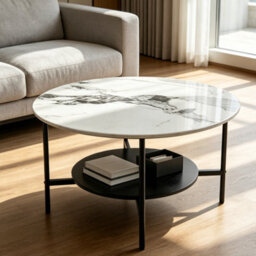 Fativo 80X47.5Cm Round Sintered Stone Coffee Table, 2-Tier Modern Centre Table With Black Metal Frame For Living Room - thumbnail 1