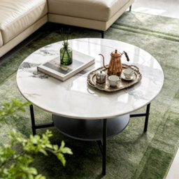 Fativo 80X47.5Cm Round Sintered Stone Coffee Table, 2-Tier Modern Centre Table With Black Metal Frame For Living Room - thumbnail 9