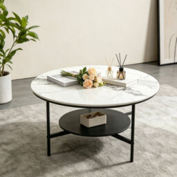 Fativo 80X47.5Cm Round Sintered Stone Coffee Table, 2-Tier Modern Centre Table With Black Metal Frame For Living Room - thumbnail 8