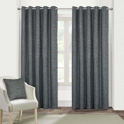 "Homescapes Dark Grey Heavy Boucle Textured Blackout Lined Eyelet Curtain Pair, 66 X 72""" - image 1