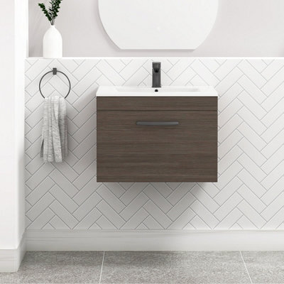 Royal Bathrooms Turin Grey Elm 600mm Wall Hung Vanity Unit 1 Drawer With Minimalist Basin Sink & Matt Black Handles - image 1