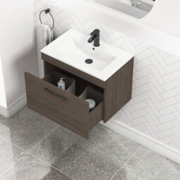 Royal Bathrooms Turin Grey Elm 600mm Wall Hung Vanity Unit 1 Drawer With Minimalist Basin Sink & Matt Black Handles - thumbnail 3