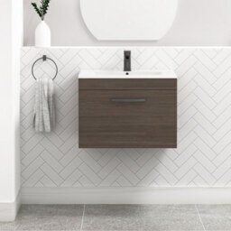 Royal Bathrooms Turin Grey Elm 600mm Wall Hung Vanity Unit 1 Drawer With Minimalist Basin Sink & Matt Black Handles - thumbnail 1