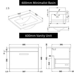 Royal Bathrooms Turin Grey Elm 600mm Wall Hung Vanity Unit 1 Drawer With Minimalist Basin Sink & Matt Black Handles - thumbnail 8