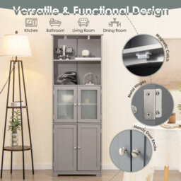 Costway 163Cm Tall Bathroom Storage Cabinet Kitchen Pantry Cupboard W/ Glass Doors Grey - thumbnail 9