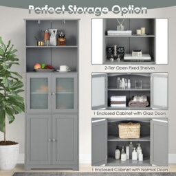 Costway 163Cm Tall Bathroom Storage Cabinet Kitchen Pantry Cupboard W/ Glass Doors Grey - thumbnail 5
