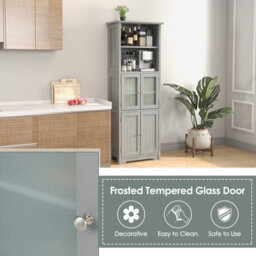 Costway 163Cm Tall Bathroom Storage Cabinet Kitchen Pantry Cupboard W/ Glass Doors Grey - thumbnail 8