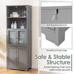 Costway 163Cm Tall Bathroom Storage Cabinet Kitchen Pantry Cupboard W/ Glass Doors Grey - thumbnail 7