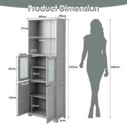 Costway 163Cm Tall Bathroom Storage Cabinet Kitchen Pantry Cupboard W/ Glass Doors Grey - thumbnail 2