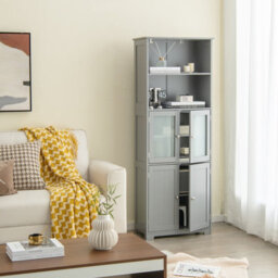 Costway 163Cm Tall Bathroom Storage Cabinet Kitchen Pantry Cupboard W/ Glass Doors Grey - thumbnail 4