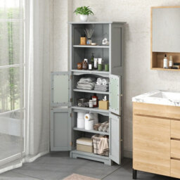 Costway 163Cm Tall Bathroom Storage Cabinet Kitchen Pantry Cupboard W/ Glass Doors Grey - thumbnail 3