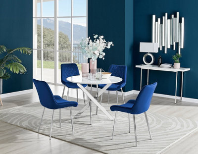 Furniturebox Novara White High Gloss 100Cm Round Dining Table With Chrome Starburst Legs & 4 Navy Pesaro Velvet Chairs - image 1