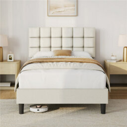 Yaheetech 120 X 190 Cm Small Double Upholstered Bed Frame, Modern Platform Bed Frame, Beige - thumbnail 1