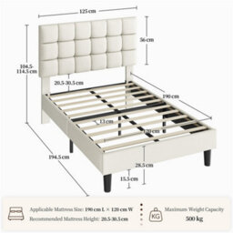 Yaheetech 120 X 190 Cm Small Double Upholstered Bed Frame, Modern Platform Bed Frame, Beige - thumbnail 3