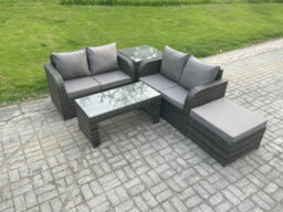 Fimous High Back Rattan Garden Furniture Set With Loveseat Sofa Coffee Table Big Footstool Side Table Indoor Outdoor - thumbnail 1